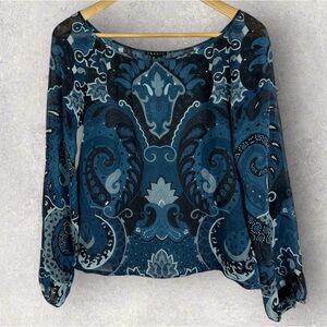 Theory 100%‎ Silk Blue Printed Bohemian Blouse Size P or XS Top Boho Semi Sheer
